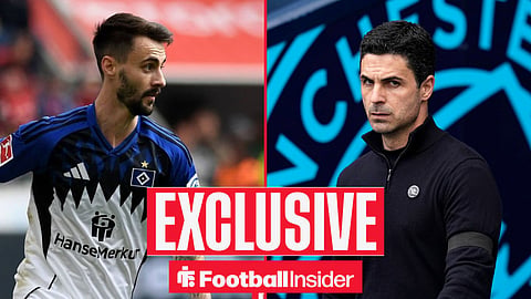 Football Insider exclusive as Fabio Vieira is in action for Hamburg, while Arsenal manager Mikel Arteta looks stern on the other side of a split image.
