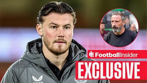 Football Insider exclusive as Nathan Patterson stands wearing an Everton jacket, while Rangers manager Derek McInnes watches from a circular inset.