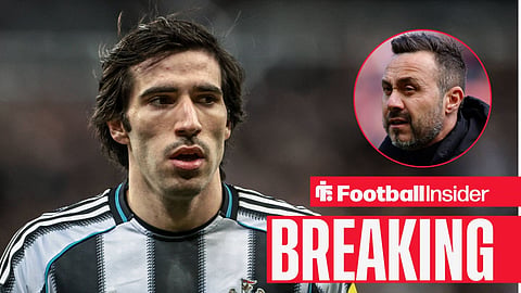 Sandro Tonali in action for Newcastle, with Roberto De Zerbi in a circular inset