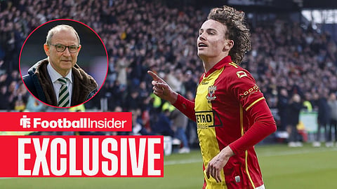 Football Insider exclusive as Go Ahead Eagles midfielder Jakob Breum celebrates a goal, while Celtic manager Martin O'Neill watches from a circular inset.