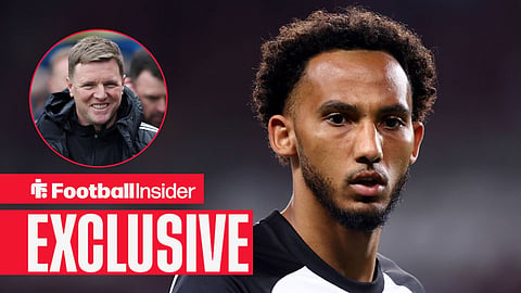 Football Insider exclusive as Lloyd Kelly warms up for Juventus, while Newcastle manager Eddie Howe smiles in a circular inset.
