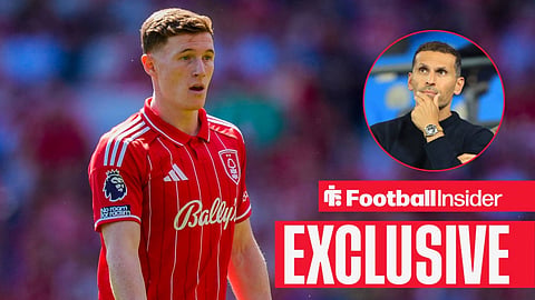 Football Insider exclusive as Nottingham Forest midfielder Elliot Anderson is in action, while Man City chairman Khaldoon Al Mubarak watches from a circular inset.