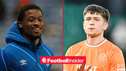 Rangers defender Emmanuel Fernandez smiles with ex-Rangers forward Mikey Moore claps inset