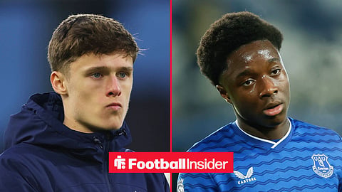 Split image of Everton midfielder Harrison Armstrong looking disappointed as he claps the fans and Demi Akarakiri playing for Everton's Under-21 side
