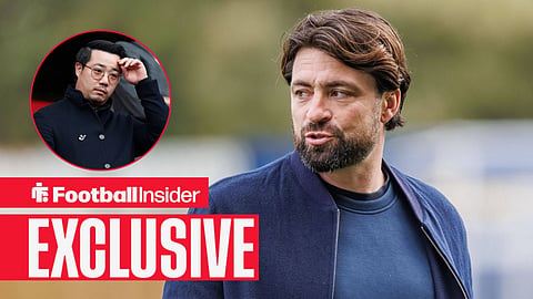 Football Insider exclusive as Leicester manager Russell Martin stares towards owner Aiyawatt Srivaddhanaprabha, who scratches his head in a circular inset.