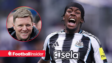 Newcastle winger Anthony Elanga shouts with Eddie Howe smiling inset