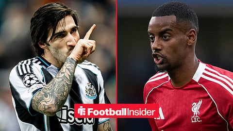 Newcastle United midfielder Sandro Tonali points with Liverpool striker Alexander Isak inset