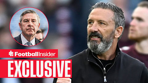 Derek McInnes celebrating a win with his first clenched towards Andrew Cavenagh staring at camera pitchside right inset