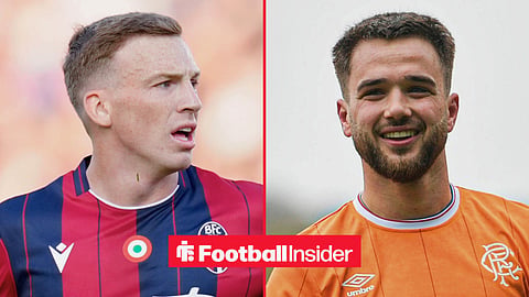 Split image of Lewis Ferguson looking on while in action for Bologna and Nicolas Raskin on the pitch smiling during a Rangers game