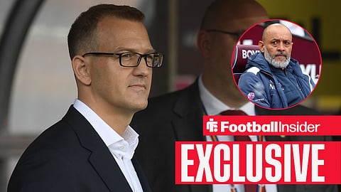 Football Insider exclusive as West Ham investor Daniel Kretinsky stares towards manager Nuno Espirito Santo, who watches from a circular inset.