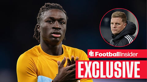 Football Insider exclusive as Mateus Mane applauds after a game for Wolves, while Newcastle manager Eddie Howe watches from a circular inset.