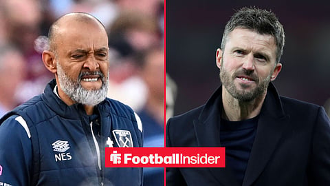 Nuno Espirito Santo grimacing on the sidelines at West Ham, while Michael Carrick looks focused at Man United
