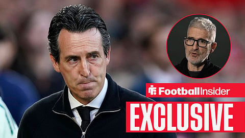 Football Insider exclusive as Aston Villa manager Unai Emery stares towards president Roberto Olabe, who watches from a circular inset.