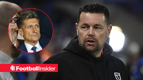 Pierre Sage looking focused on the sidelines, with Steve Parish in a circular inset