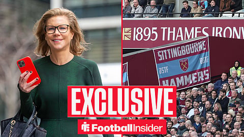 Football Insider exclusive as Amanda Staveley smiles, while West Ham fans watch from the other side of a split image.