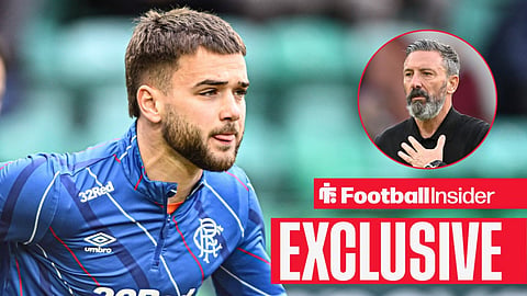 Nicolas Raskin warming up for Rangers looking right with tongue in mouth and Derek McInnes right inset looking left with hand on chest
