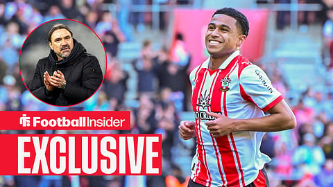 Football Insider exclusive as Southampton midfielder Shea Charles celebrates a goal, while Leeds manager Daniel Farke applauds in a circular inset.