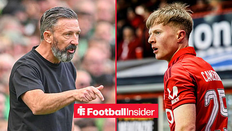 Split image of Derek McInnes giving instructions on the touchline as Hearts manager and Rangers midfielder playing on loan at Aberdeen