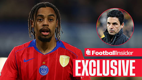 Bradley Barcola in action for PSG looking straight ahead with mouth open and Mikel Arteta stood looking stern on sideline right inset
