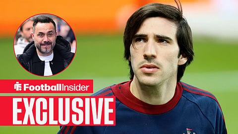 Football Insider exclusive as Newcastle midfielder Sandro Tonali looks towards Tottenham manager Roberto De Zerbi, who watches from a circular inset.