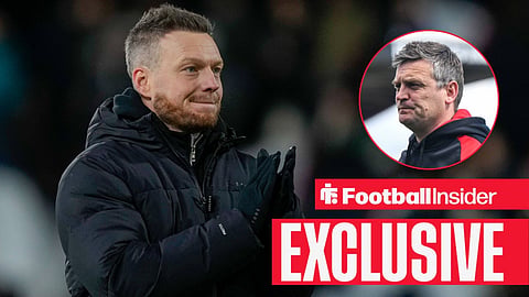 Football Insider exclusive as Middlesbrough manager Kim Hellberg applauds after a game, while Bristol City boss Michael Skubala watches from a circular inset.