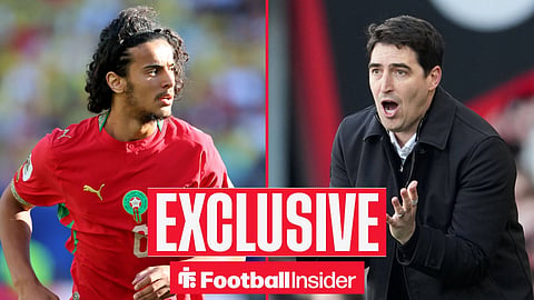 Ayyoub Bouaddi in action for Morocco at the World Cup looking right with Andoni Iraola shouting left on the sidelines
