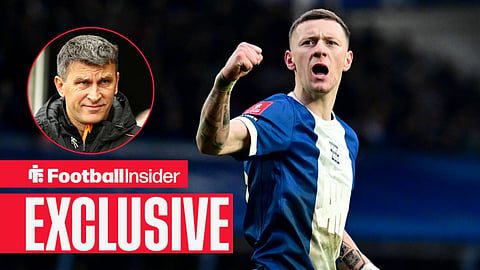 Football Insider exclusive as Birmingham striker Jay Stansfield punches the air after scoring, while Hull boss Sergej Jakirovic watches from a circular inset.