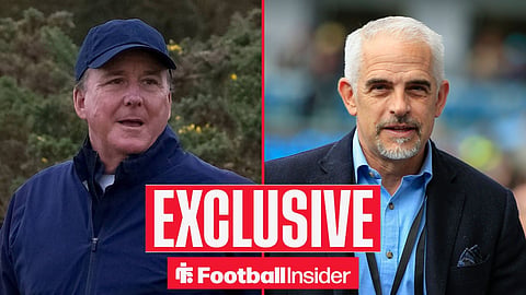 Football Insider exclusive as Everton owner Dan Friedkin stares across a split image towards Burnley chief Alan Pace.