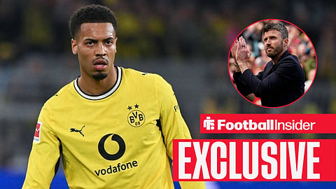 Football Insider exclusive as Borussia Dortmund midfielder Felix Nmecha looks towards Man United manager Michael Carrick, who applauds in a circular inset.