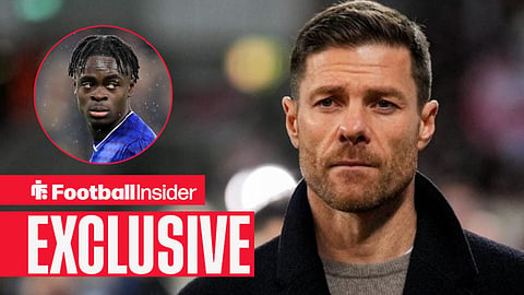 Xabi Alonso in jumper and coat on sideline looking upset with Tyrique George left inset looking at him