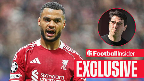Football Insider exclusive as Liverpool winger Cody Gakpo celebrates a goal, while manager Andoni Iraola watches from a circular inset.