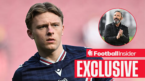 Football Insider exclusive as Dundee defender Luke Graham is in action, while Rangers manager Derek McInnes applauds in a circular inset.