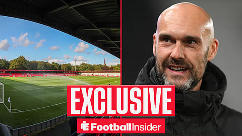 Football Insider exclusive as Peterborough manager Luke Williams stares across a split image towards Salford City's Peninsula Stadium.