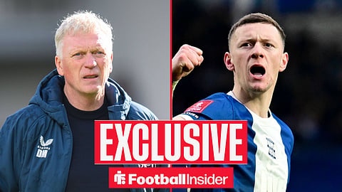 Football Insider exclusive as Everton manager David Moyes stares across a split image towards Birmingham striker Jay Stansfield.