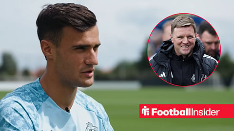 Aleksandar Stankovic speaking in an interview for Club Brugge / Eddie Howe Manager of Newcastle United during the Premier League match between Crystal Palace FC v Newcastle United FC at Selhurst Park Stadium, London, England, on April 12