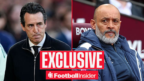 Football Insider exclusive as Aston Villa manager Unai Emery stares across a split image towards West Ham boss Nuno Espirito Santo.