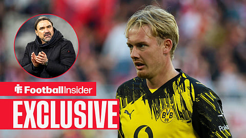 Football Insider exclusive as Borussia Dortmund midfielder Julian Brandt stares towards Leeds manager Daniel Farke, who applauds in a circular inset.