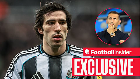 Football Insider exclusive as Newcastle midfielder Sandro Tonali stares towards Man City chairman Khaldoon Al Mubarak, who watches from a circular inset.