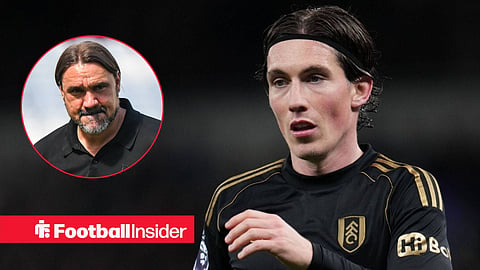 Harry Wilson in action for Fulham with hand out and Daniel Farke biting lip on sideline left inset