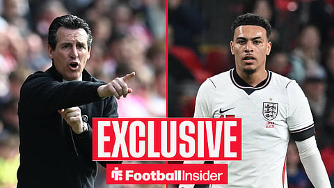 Aston Villa manager Unai Emery pointing with Morgan Rogers featuring for England inset