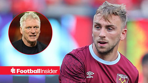 Jarrod Bowen doing a shooting action facing left towards David Moyes left inset smiling looking right