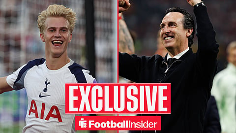 Football Insider exclusive as Tottenham midfielder Lucas Bergvall celebrates a goal, while Aston Villa manager Unai Emery punches the air on the other side of a split image.