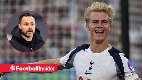 Lucas Bergvall celebrating by smiling with Roberto De Zerbi looking at him left inset