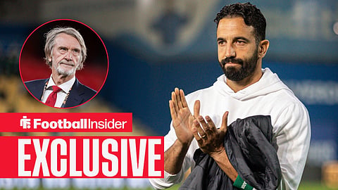 Football Insider exclusive as Ruben Amorim applauds after a game, while Man United owner Sir Jim Ratcliffe watches from a circular inset.