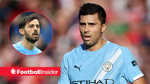 Rodri in action looking left with mouth open and Bernardo Silva facing him in action while running left inset