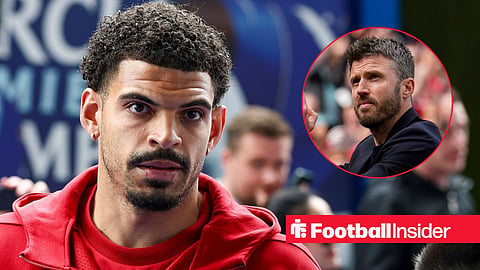 Morgan Gibbs-White walking into stadium in training gear and Michael Carrick right inset clapping fans
