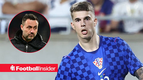 Luka Vuskovic looking ahead with mouth open in action and Roberto De Zerbi left inset looking annoyed at him
