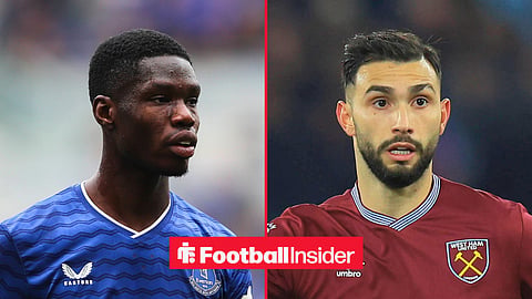 Split image of Thierno Barry playing for Everton and Taty Castellanos running in a West Ham game
