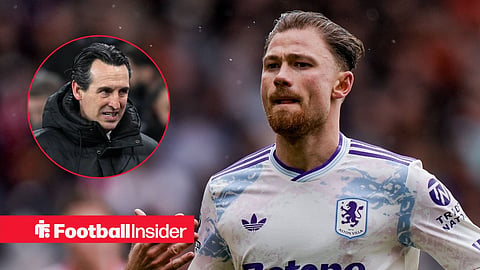 Matty Cash facing left in action with right hand up and Unai Emery grimacing at him left inset