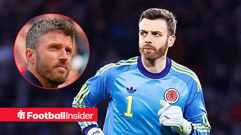 Main image of Angus Gunn running while playing for Scotland and Manchester United manager Michael Carrick's face in circular inset on the left